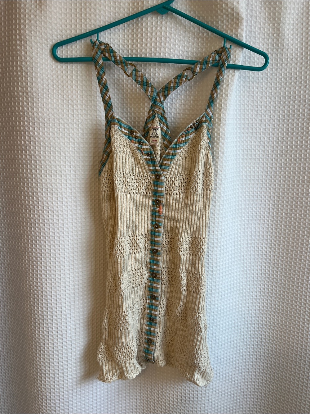Free People Cream Knit Camisole with Teal Plaid Trim—626-056